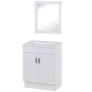 lot 64 image: Penford 24 in. W x 19 in. D Vanity in White with Cultured Marble Vanity Top in White with White Sink and Mirror by Glacier Bay- open box not used