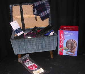 lot 29 image: COVERED FOOTED STORAGE STOOL. NEW FAN