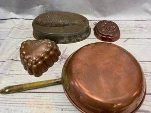 lot 39 image: 3 Antique Copper Bundt Pans & 10 Saute Pan