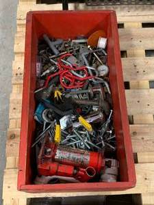 lot 70 image: Misc. Hardware Lot in Wood Box with Casters