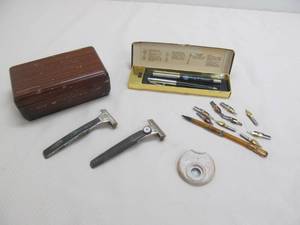 Vintage wooden watch case, pens, old shavers