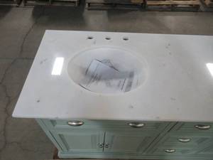 lot 102 image: Home Decorators Collection Sadie 67 in. W x 21.5 in. D Vanity in Antique Light Cyan with Marble Vanity Top in Natural White with White Sinks MD-V1836