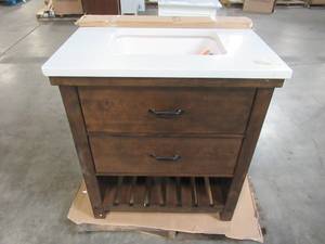 lot 104 image: Home Decorators Collection Newglen 30 in. W x 21 in. D Vanity in Walnut with Ceramic Vanity Top in White with White Basin HDPOD30V