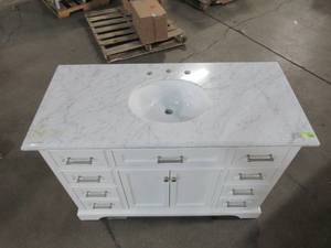 lot 109 image: Home Decorators Collection Windlowe 49 in. W x 22 in. D x 35 in. H Bath Vanity in White with Carrera Marble Vanity Top in White with White Basin 15101-VS49C-WT