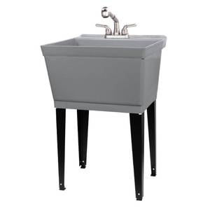 lot 226 image: Jackson Supplies Complete 22.875 in. x 23.5 in. Grey 19 Gal. Utility Sink Set with Non-Metallic Stainless Steel Finish Pull-Out Faucet, 040US6000GRYSS