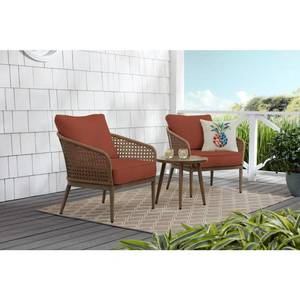 lot 228 image: 2 Hampton Bay Coral Vista Brown Wicker Outdoor Chairs with CushionGuard Quarry Red Cushions - Scratches, Wicker Cuts.