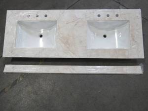 lot 314 image: Home Decorators Collection 61 x 22 Stone Effects Double Vanity Top in Dune with White Basins, SE6122R-DN.