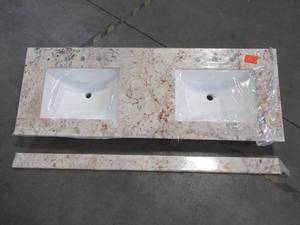 lot 315 image: Home Decorators Collection 61 x 22 Stone Effects Double Vanity Top in Rustic Gold with White Basins, SE6122R-RU.