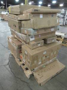 lot 201 image: WHOLESALE MIXED PALLET OF MISCELLANEOUS WALL CABINETS, MEDICINE CABINETS, BUILDING MATERIALS AND MORE