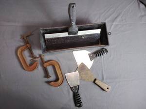 lot 98 image: Misc Tools, C  Clamps, Putty Knives, Drywall Tools, Sandpaper