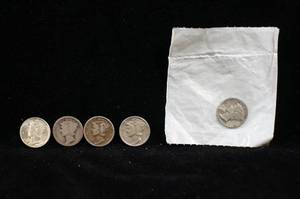 lot 100 image: 5 US Mercury Silver Dimes