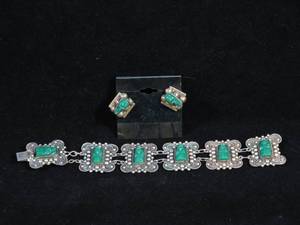 lot 179 image: Sterling Silver Handmade Bracelet, Pin, Earring Set