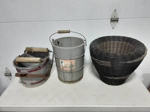 lot 41 image: Galvanized Mop Bucket, Wood Ice Cream Pail & Wicker Basket