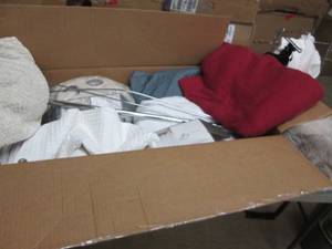 lot 269 image: Box of Assorted Home Goods curtains...