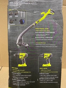 lot 3 image: RYOBI ONE  3pc Drill driver impact driver & string trimmer PLUS (2) battery combo kit SEE PICS