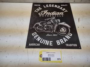 lot 573 image: Indian Motorcycles Tin Sign, 12.5x1...