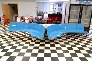 lot 32 image: (2) Vintage Brunswick Seating Sections with Middle Table and Cup Holders