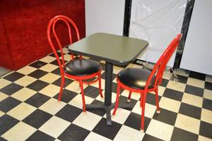 lot 57 image: Restaurant Table and (2) Metal Frame Chairs