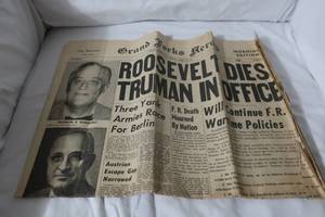 lot 10 image: 1945 Grand Forks Herald - FDR Death Announcement