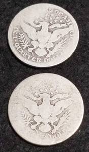 lot 20 image: 2 BARBER SILVER QUARTERS 1897 1915-D