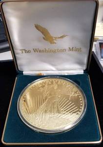 LARGE SIZE 12 POUND .999 FINE SILVER ROUND GOLD PLATED IN AIRTITE & BOX