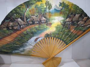 lot 21 image: HUGE Vintage Hand Painted Bamboo Fan