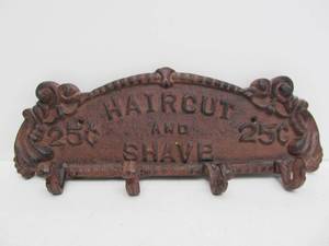 lot 53 image: Antique Style Barber Shop  Haircut & Shave Cast Iron Wall Rack