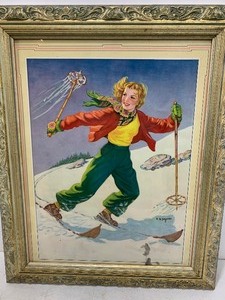 lot 205 image: Framed Vintage 1940s-50s Downhill Skiiing Pinup Girl Print 
