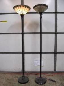 lot 147 image: 2 Tiffany Style Stained Glass Shade Floor Lamps - 1 Signed Quoizel