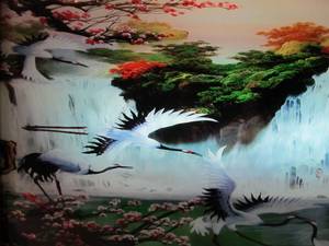 lot 182 image: Lighted Glass Oriental Waterfall Scene wCranes Wall Display
