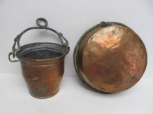 lot 212 image: Antique Copper Bowl and Antique Hammered Copper Bucket
