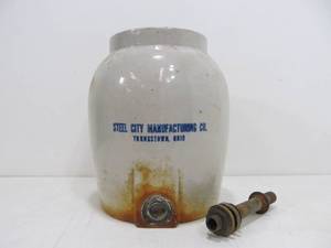 lot 252 image: Antique Stoneware Advertising Water Cooler - Steel City MFG Co.