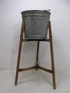 lot 266 image: Old Vintage Primitive Galvanized Metal Bucket wFolding Stand