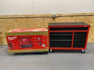 lot 1 image: MILWAUKEE 46 in. 16-Drawer Steel Tool Chest and Rolling Cabinet Set, Textured Red and Black Matte