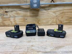lot 83 image: RYOBI Lot of 2-  18v Batteries (2.0Ah) with an 18v Charger