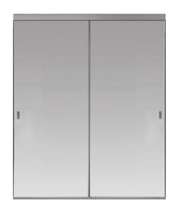 lot 105 image: IMPACT PLUS 72 in. x 80 in. Beveled Edge Backed Mirror Aluminum Frame Interior Closet Sliding Door with Chrome Trim. (MRSP $366.52)