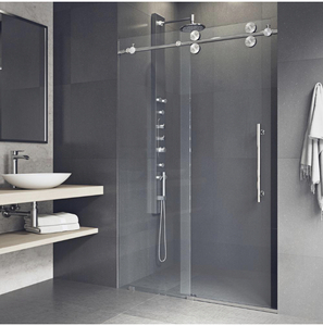 lot 96 image: VIGO Elan 56 to 60 in. x 74 in. Frameless Sliding Shower Door in Stainless Steel with Clear Glass and Handle (Retail for $999.90)