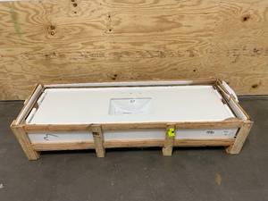 lot 97 image: HOME DECORATORS COLLECTION 73 in. W x 22 in. D Engineered Marble Single Trough Sink Vanity Top in Winter White (Retail for $699.00)