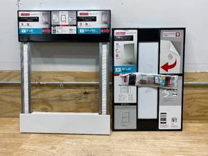 lot 100 image: DELTA 21 in. x 28 in. (S1) Rectangular Mirror Frame in Chrome and Linen with DELTA 16 in. W x 24 in. H (S1) Frameless Rectangular Deluxe Glass Bathroom Vanity Mirror