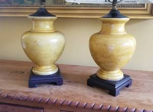 lot 46 image: Mustard Asian Vase Table Lamps, pair