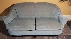 lot 13 image: Mossy Green Mohair Down Cushion Loveseat
