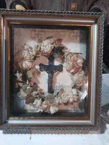 Religious Shadow Box, Cross and Faux Flowers