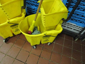 lot 60 image: (2) Mop Buckets & Wet Floor Signs