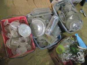 lot 222 image: 2 Totes, Box, & Basket of Glassware...