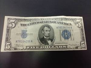 1934-A Blue Seal Silver Certificate $5 Note