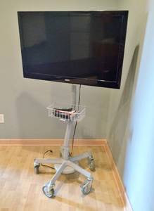lot 2 image: WOW LOVE THIS MOVE ROOM TO ROOM FOR YOUR ZOOM MEETINGS OR EVEN THE BREAKROOM&nbsp39 Sanyo FVM3982 1080p 60Hz Widescreen LCD HDTV WREMOTE Mounted On Mobile Stand With Basket - Excellent Working Condition