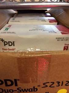 lot 45 image: WOW MSRP $500 Almost Full Case NEW IN BOX PDI Duo-Swab Povidone-Iodine Swabstick With Combo Cleansing Scrub Swabstick & Antiseptic Prep Swabstick - Each Box In Case Contains 25 Dual Sticks