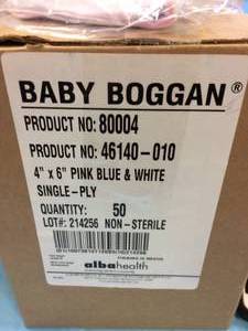 lot 71 image: AWWW SO ADORABLE  1 NEW BOX 50 CAPS INFANT NEWBORN BABY BOGGANS - PINK BLUE & WHITE STRIPE HEAD WARMERS