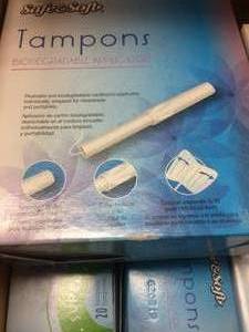 lot 40 image: 2 Open Cases NEW IN BOX Safe & Soft Cardboard Tampons Biodegradable Applicator Super New and Improved Grip Approximately 24 Boxes With 20 Tampons Each Box  480 Tampons 