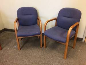 lot 9 image: Pair Staples Blue Upholstered & Wood Guest Side Arm Chairs - Good Sturdy Condition